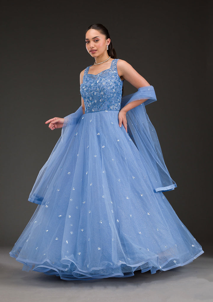 Sky Blue Stonework Net Gown