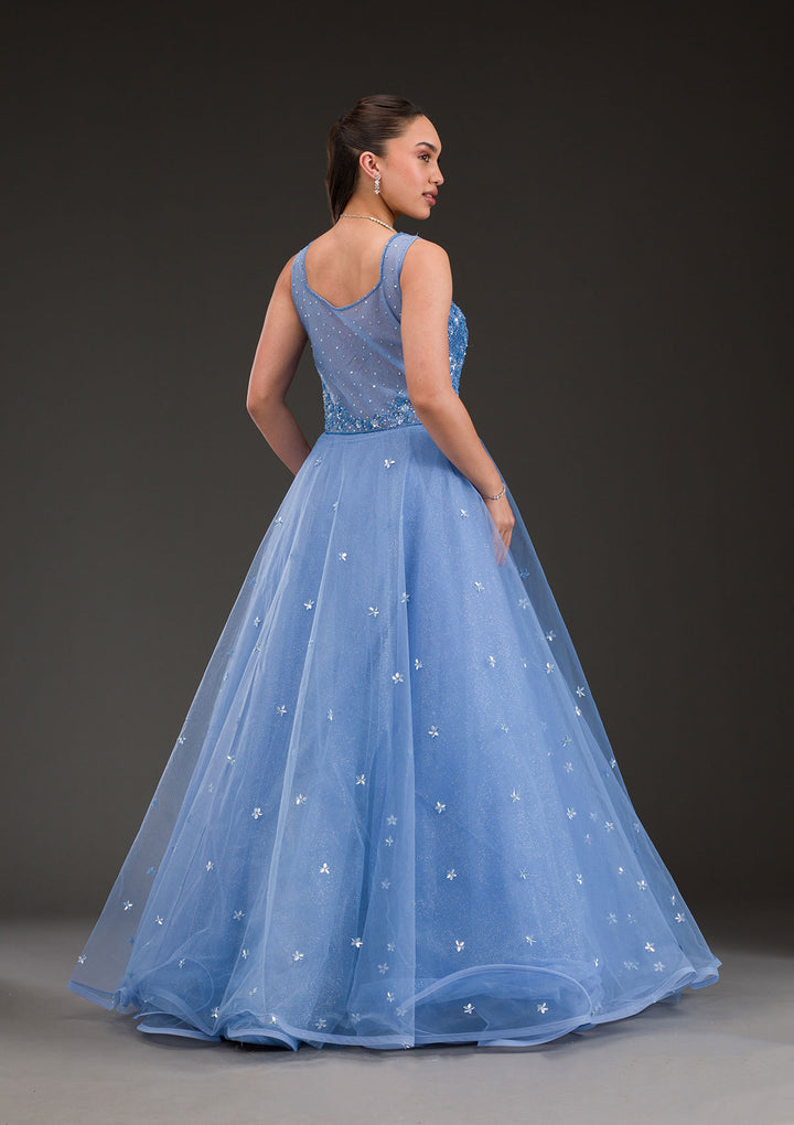 Sky Blue Stonework Net Gown