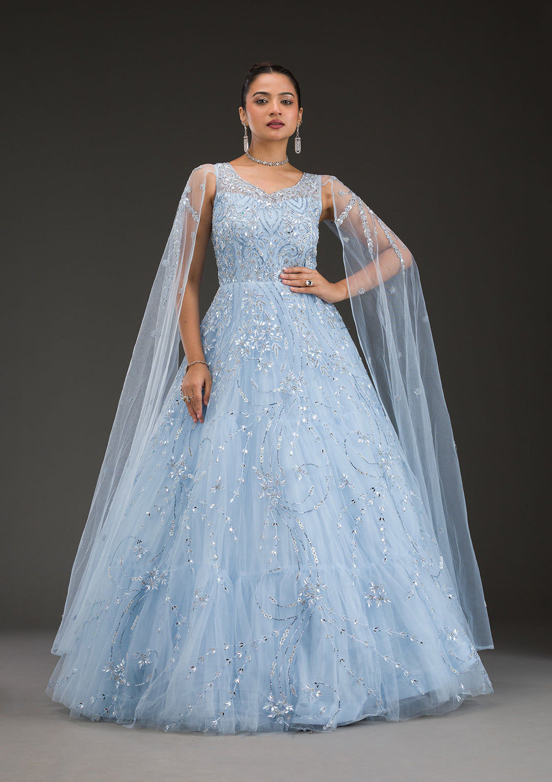 Sky Blue Stonework Net Gown