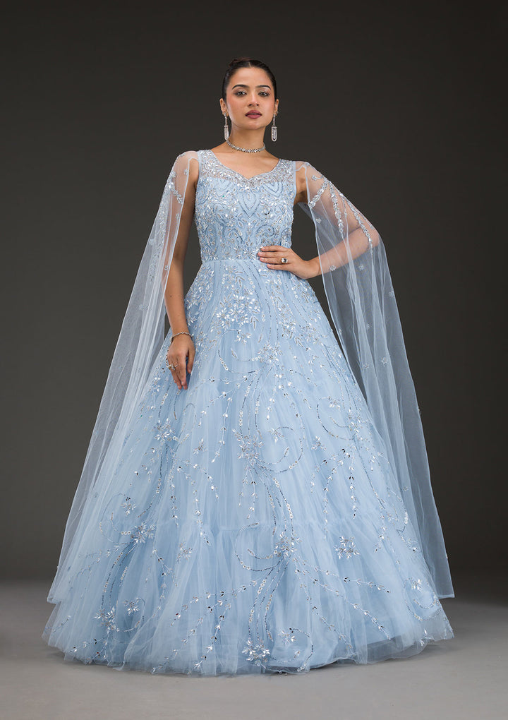 Sky Blue Stonework Net Gown
