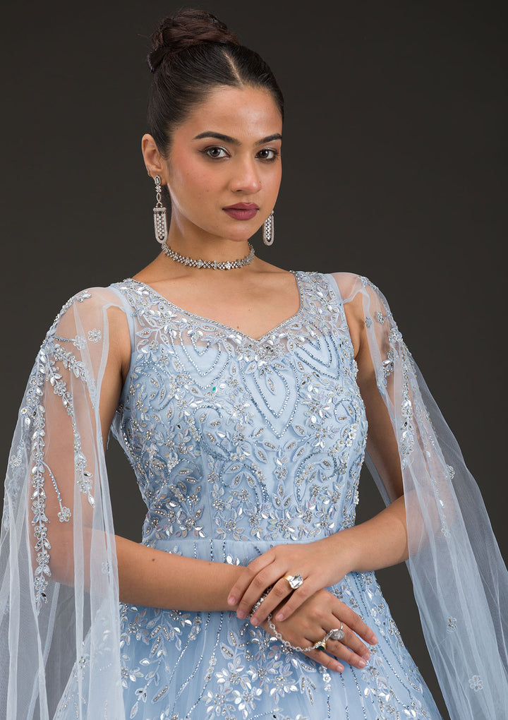 Sky Blue Stonework Net Gown