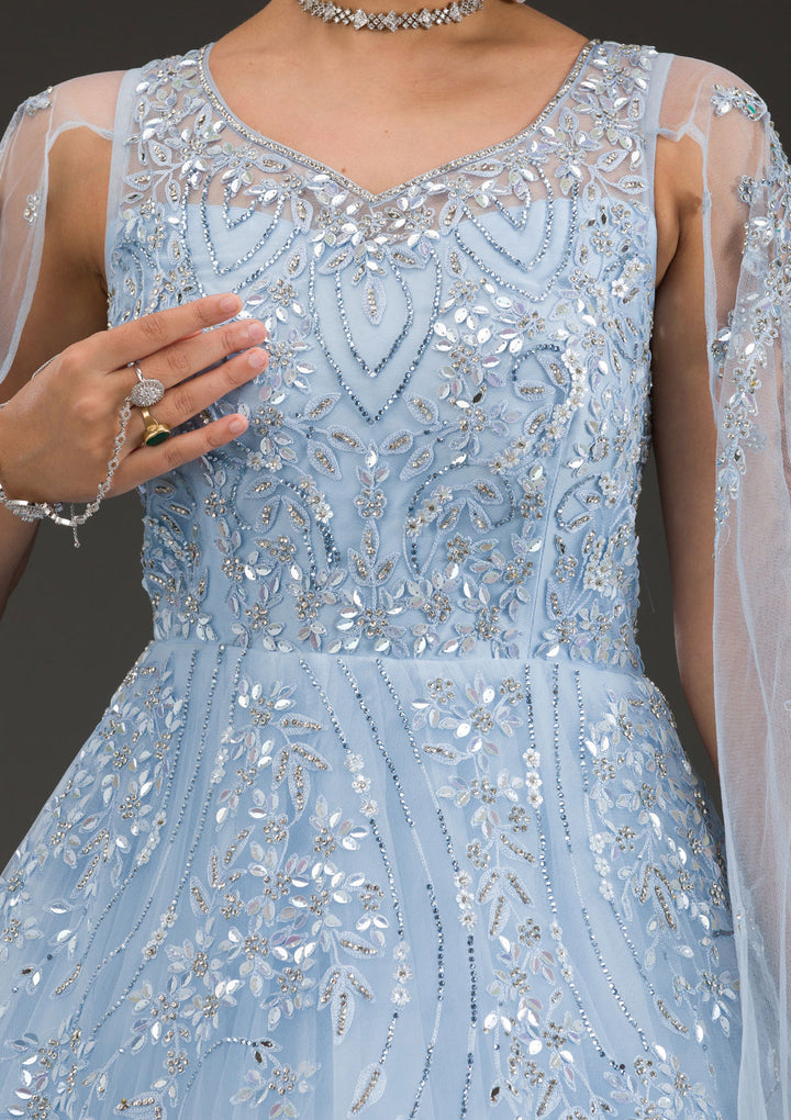 Sky Blue Stonework Net Gown