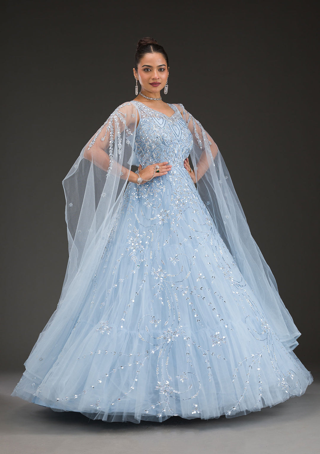 Sky Blue Stonework Net Gown