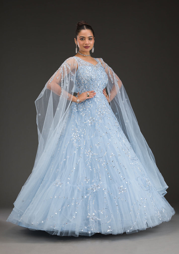 Sky Blue Stonework Net Gown
