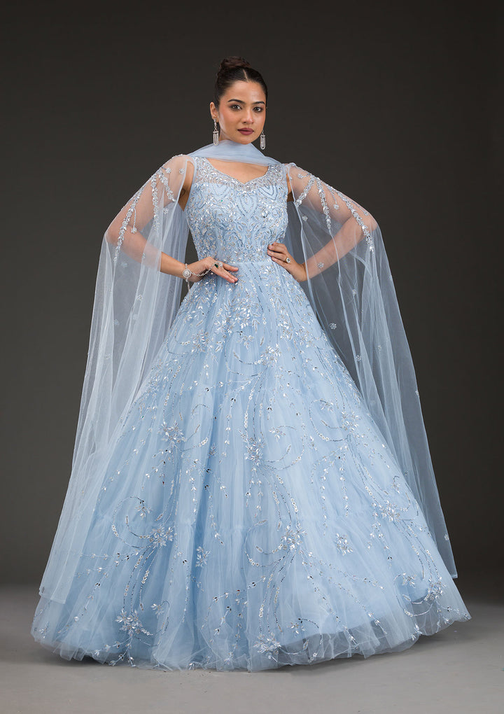 Sky Blue Stonework Net Gown