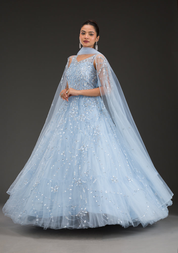 Sky Blue Stonework Net Gown