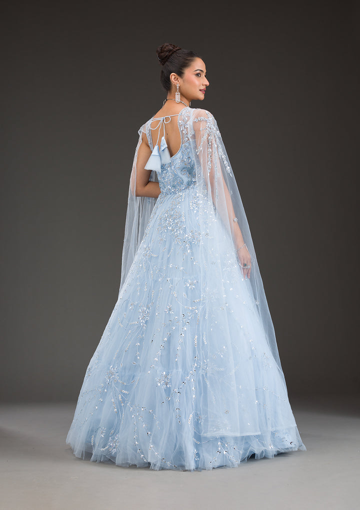 Sky Blue Stonework Net Gown