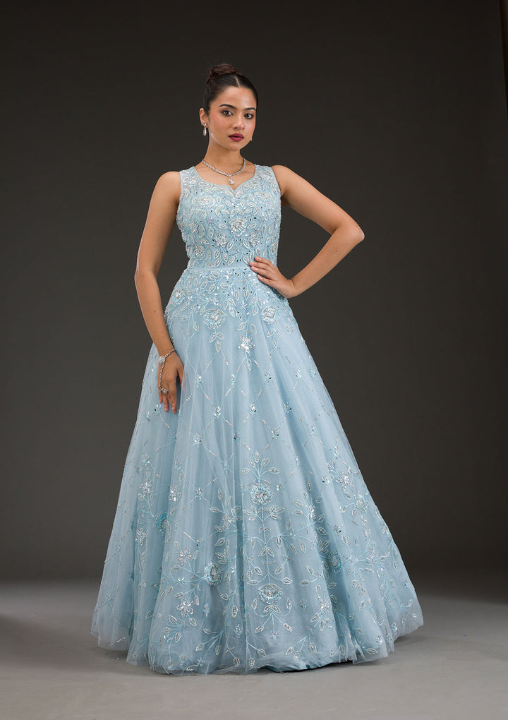 Sky Blue Stonework Net Gown