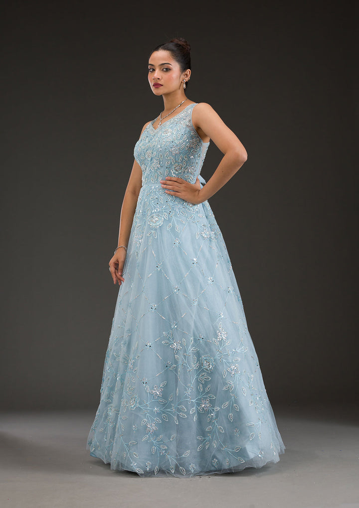 Sky Blue Stonework Net Gown