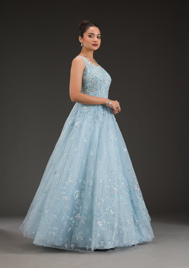Sky Blue Stonework Net Gown
