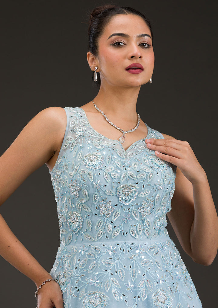 Sky Blue Stonework Net Gown