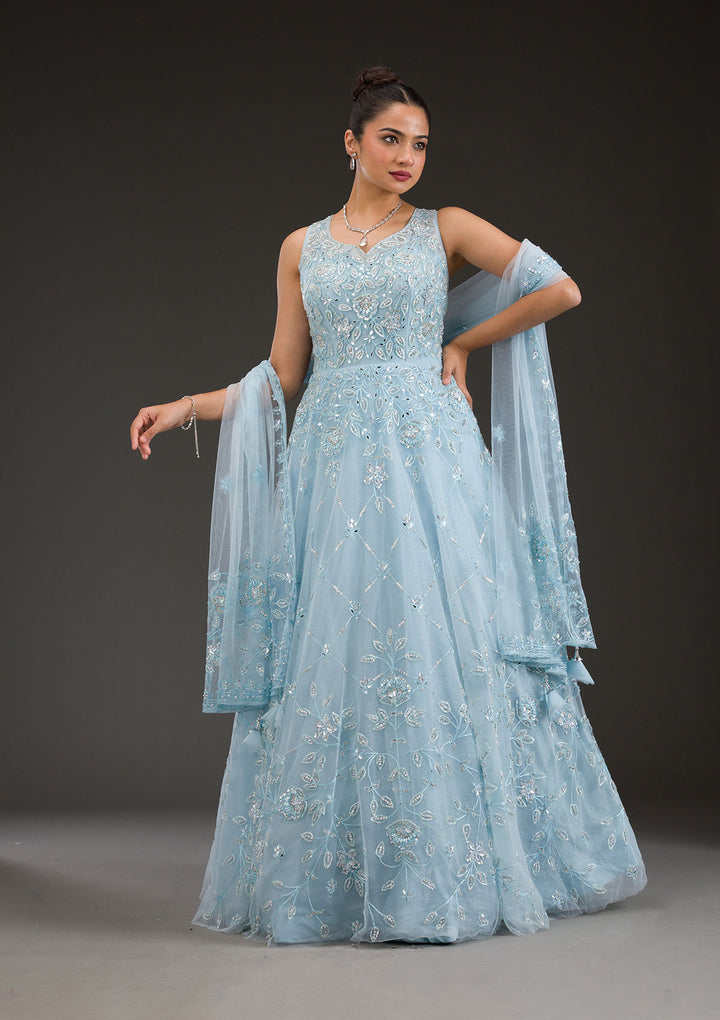 Sky Blue Stonework Net Gown