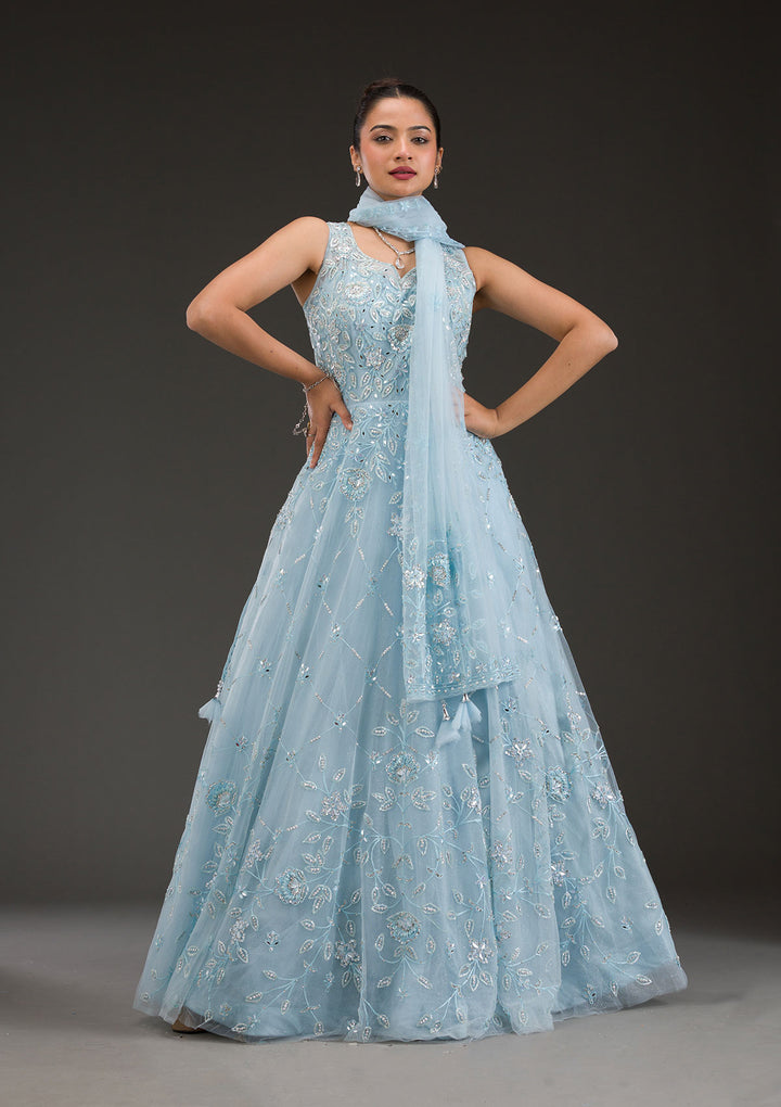 Sky Blue Stonework Net Gown