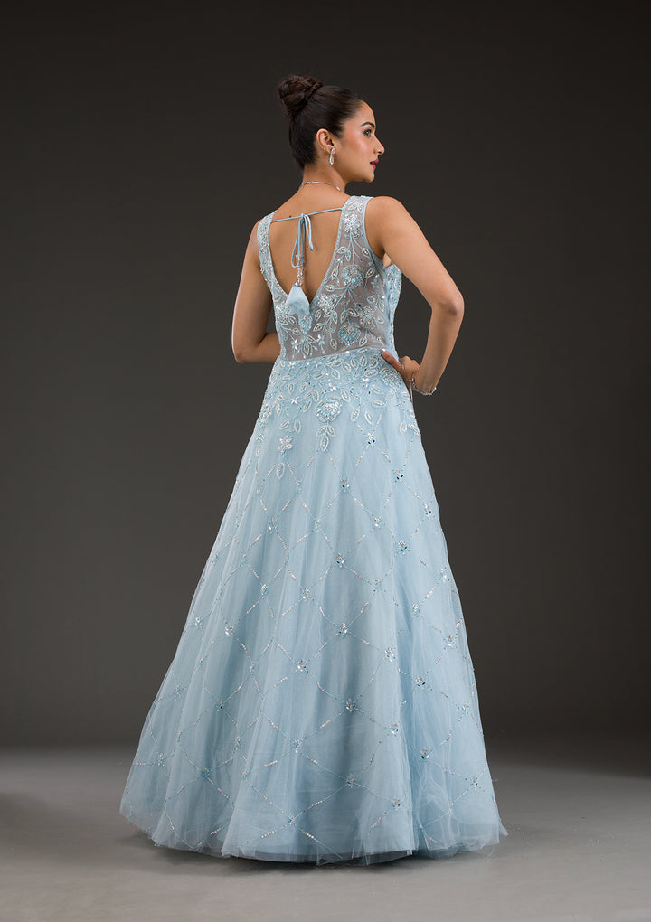 Sky Blue Stonework Net Gown