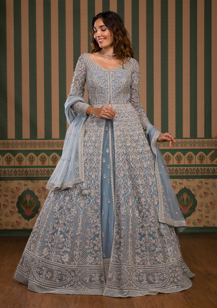 Sky Blue Stonework Net Readymade Lehenga