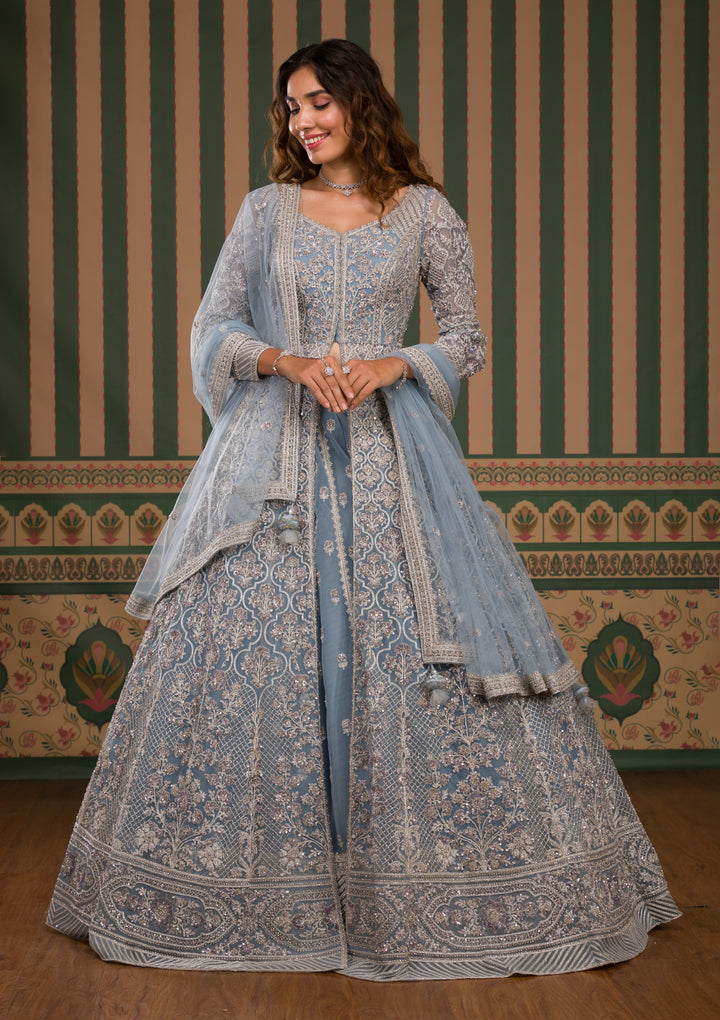 Sky Blue Stonework Net Readymade Lehenga