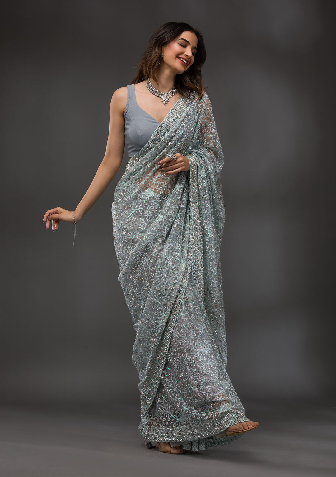 Sky Blue Stonework Net Saree