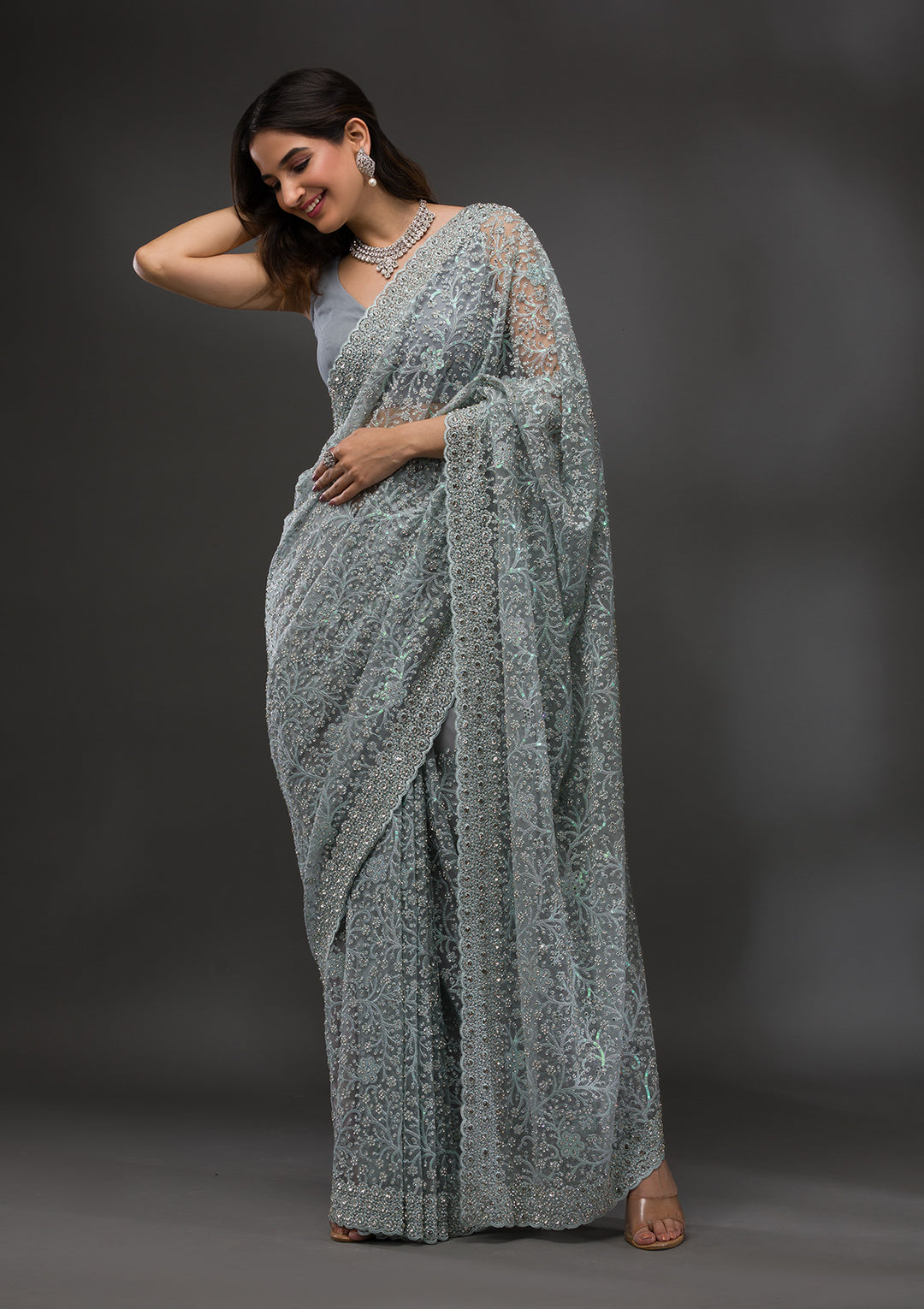 Sky Blue Stonework Net Saree