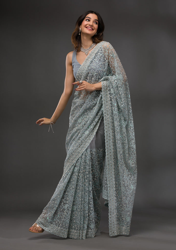 Sky Blue Stonework Net Saree