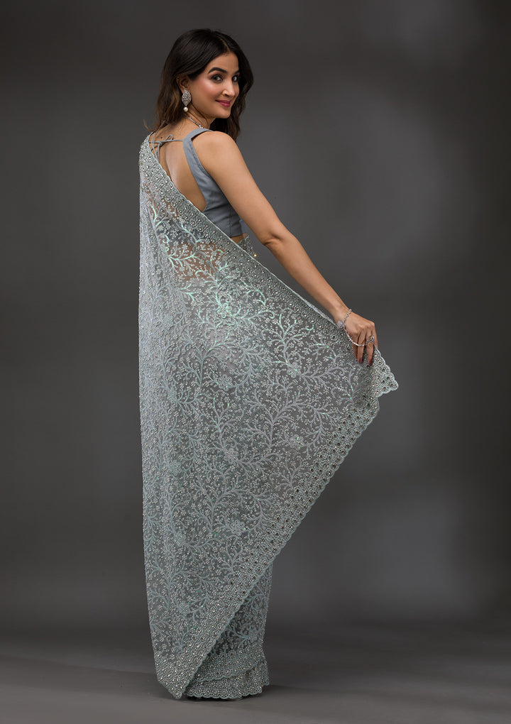 Sky Blue Stonework Net Saree