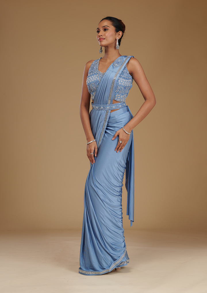 Sky Blue Stonework Satin Readymade Saree