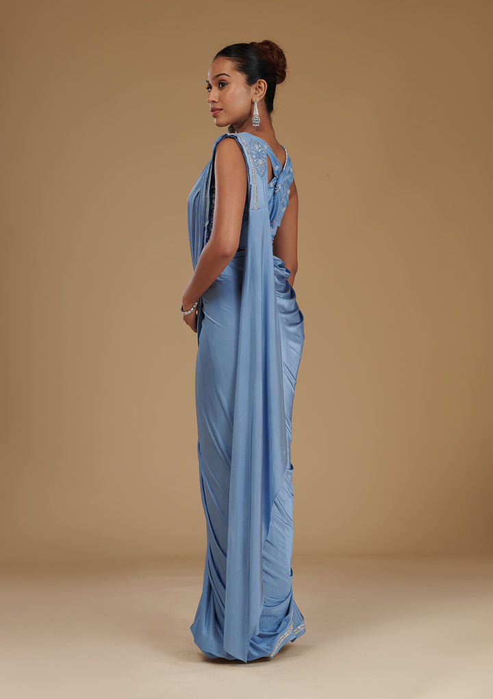 Sky Blue Stonework Satin Readymade Saree