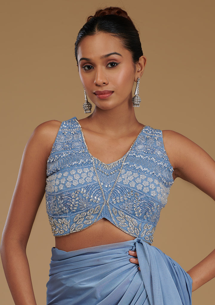 Sky Blue Stonework Satin Readymade Saree