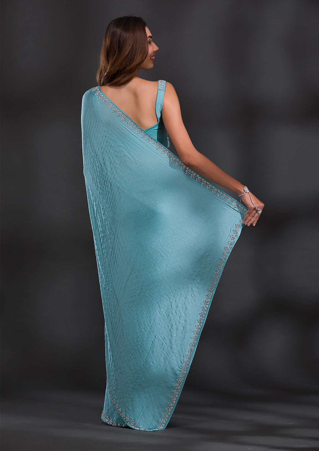 Sky Blue Stonework Satin Saree