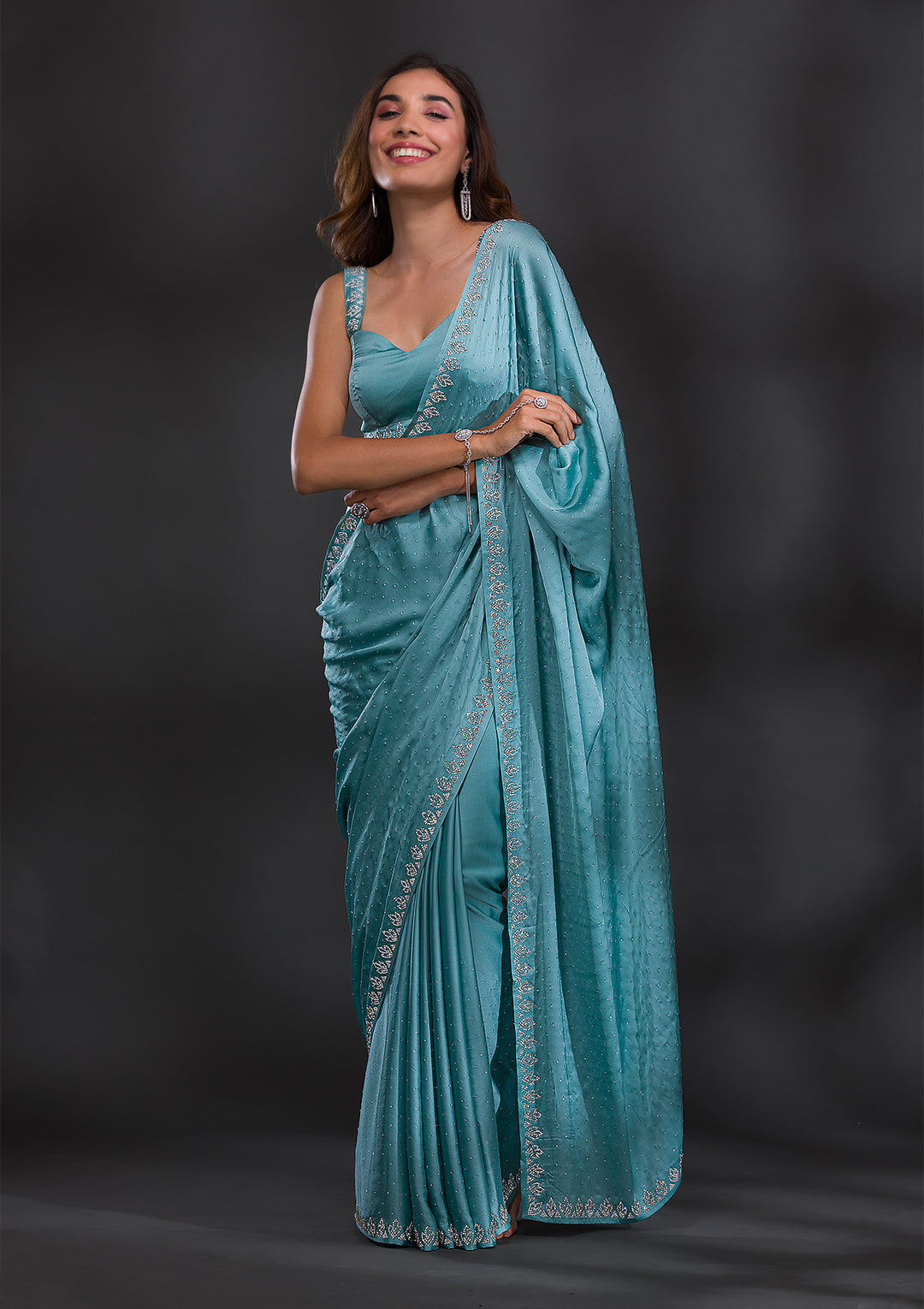 Sky Blue Stonework Satin Saree