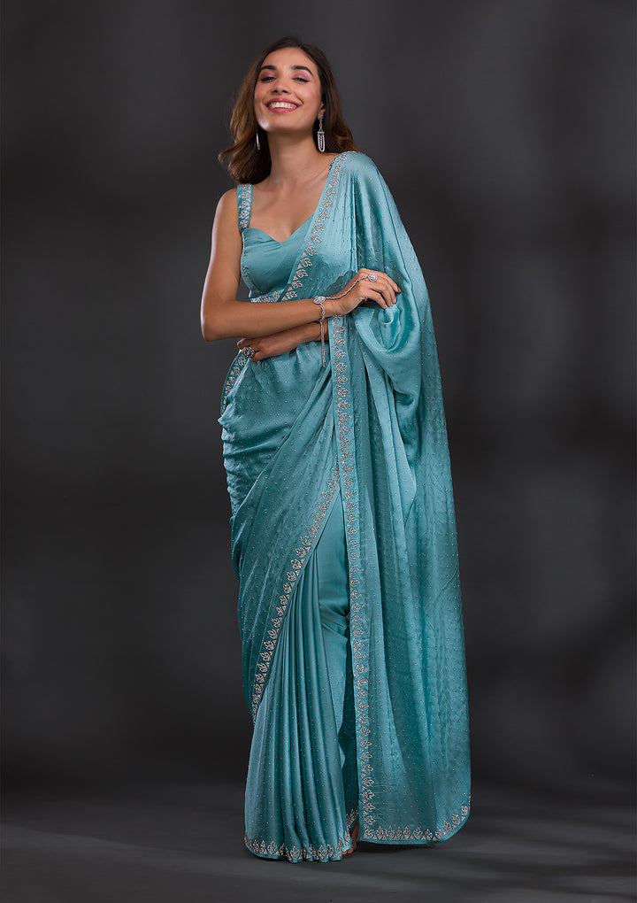 Sky Blue Stonework Satin Saree