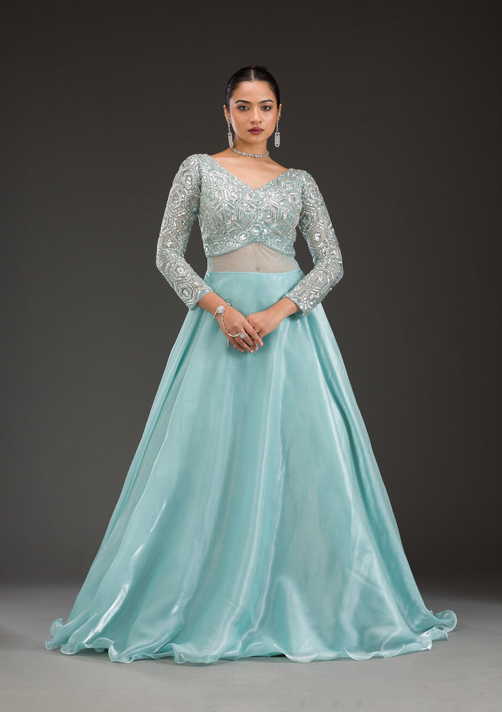Sky Blue Stonework Semi Crepe Gown