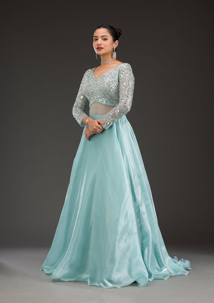 Sky Blue Stonework Semi Crepe Gown