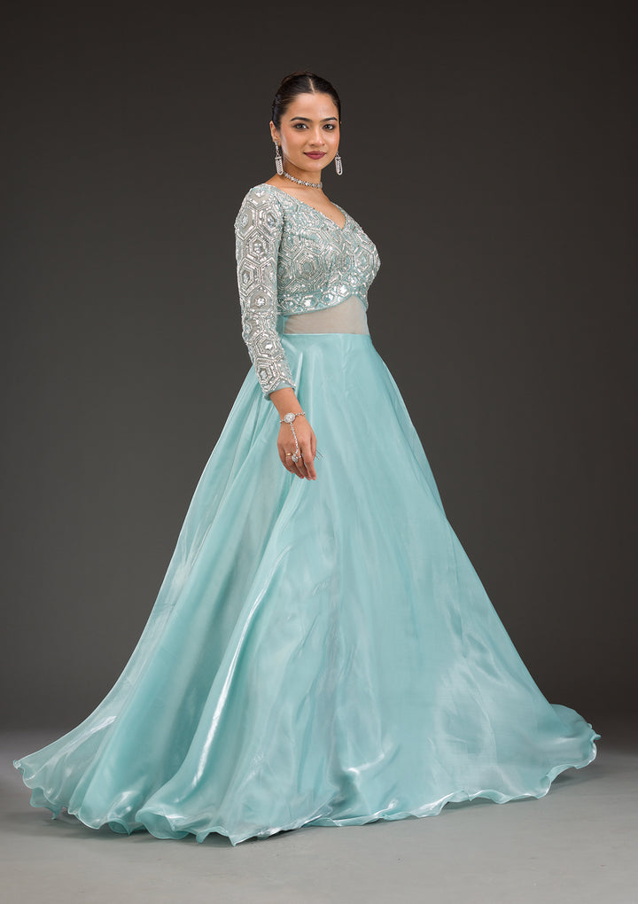 Sky Blue Stonework Semi Crepe Gown