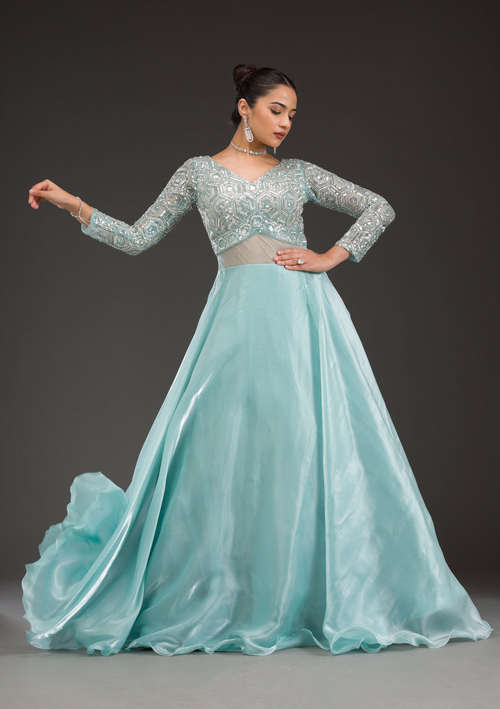 Sky Blue Stonework Semi Crepe Gown