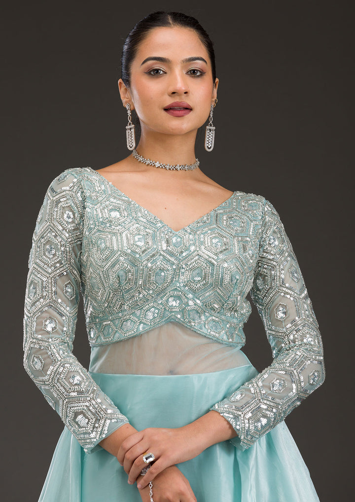 Sky Blue Stonework Semi Crepe Gown