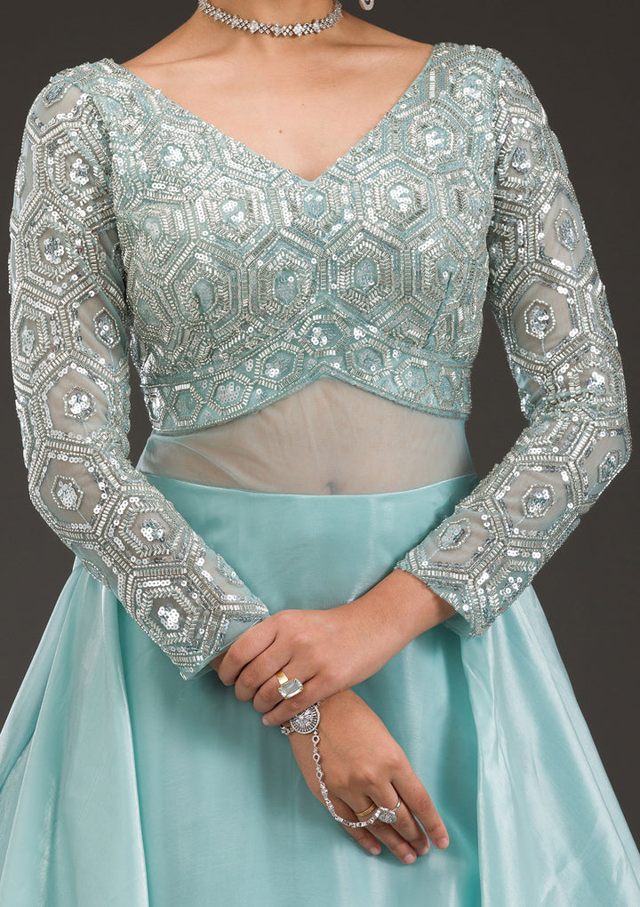 Sky Blue Stonework Semi Crepe Gown