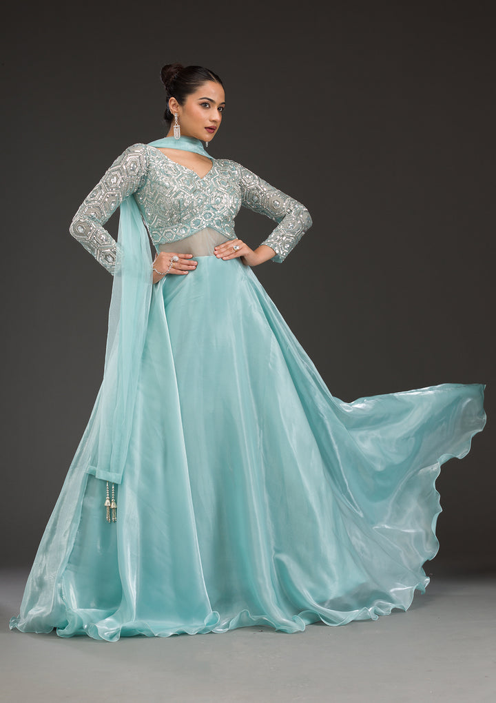 Sky Blue Stonework Semi Crepe Gown