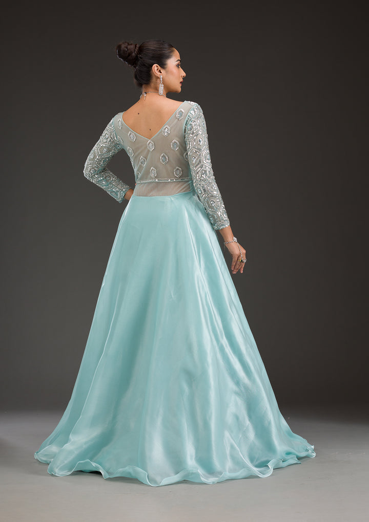 Sky Blue Stonework Semi Crepe Gown