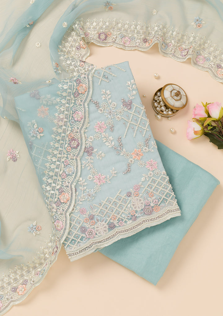 Sky Blue Stonework Semi Crepe Unstitched Salwar Suit