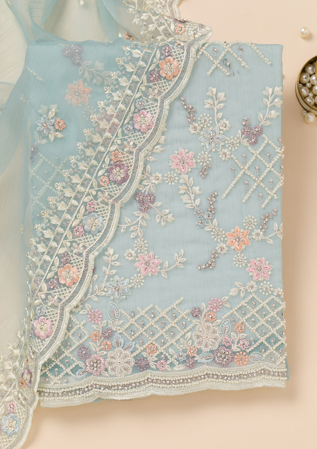 Sky Blue Stonework Semi Crepe Unstitched Salwar Suit