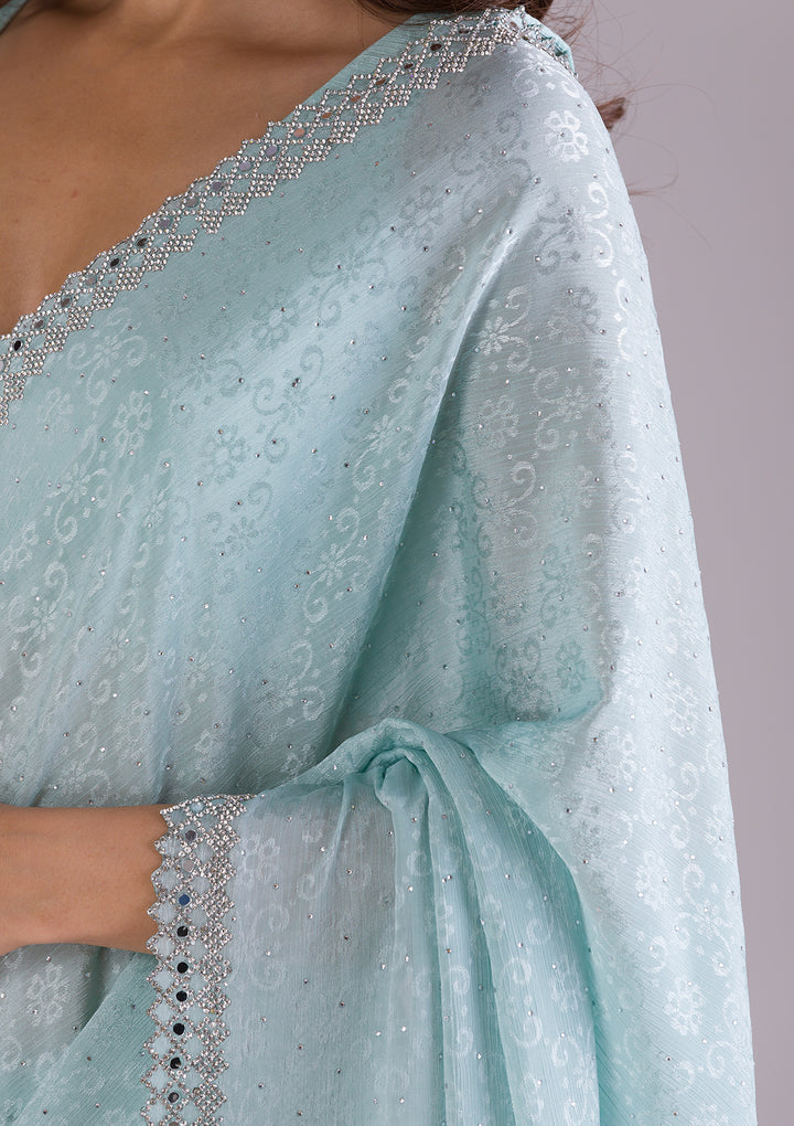 Sky Blue Stonework Semi Crepe Saree