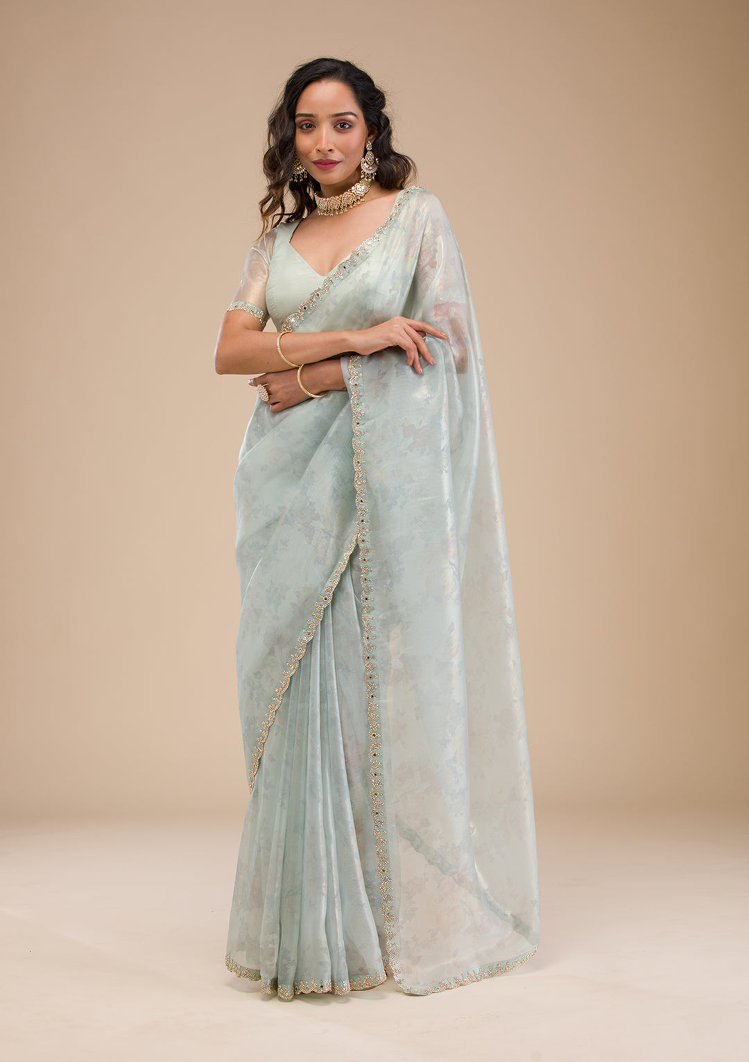 Sky Blue Stonework Tissue Saree