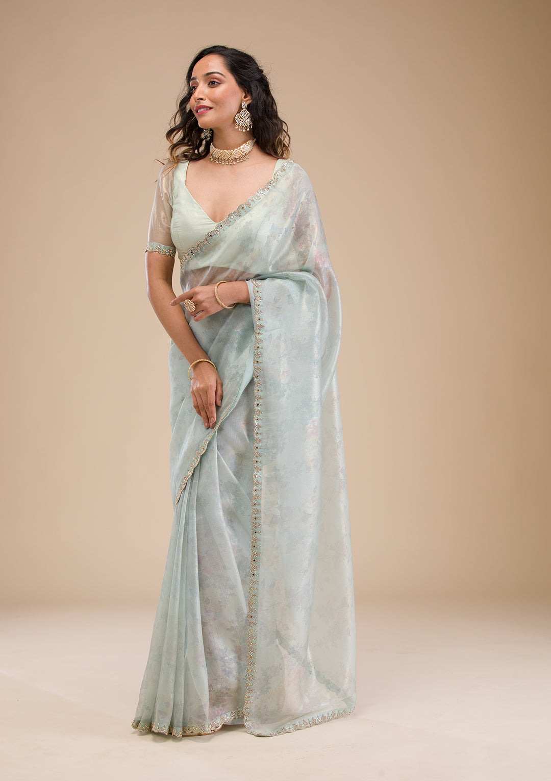 Sky Blue Stonework Tissue Saree