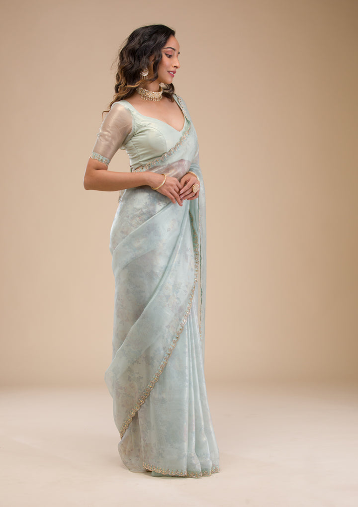 Sky Blue Stonework Tissue Saree