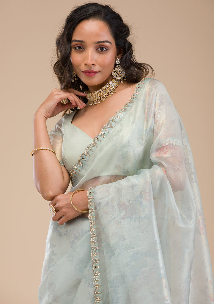 Sky Blue Stonework Tissue Saree