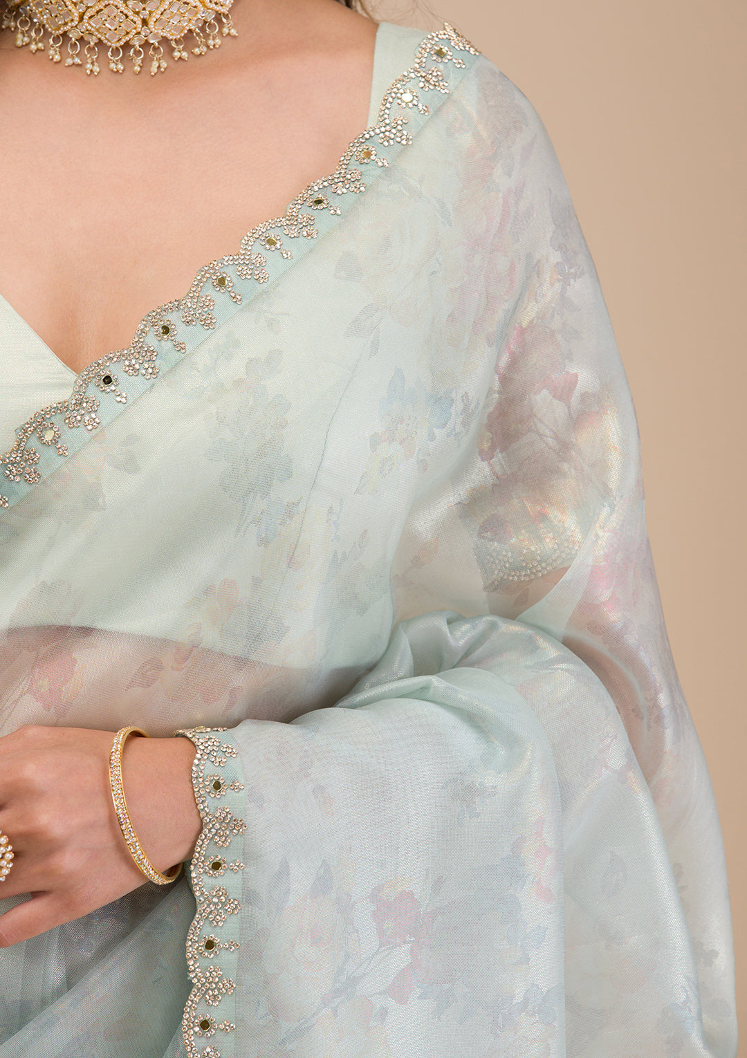 Sky Blue Stonework Tissue Saree