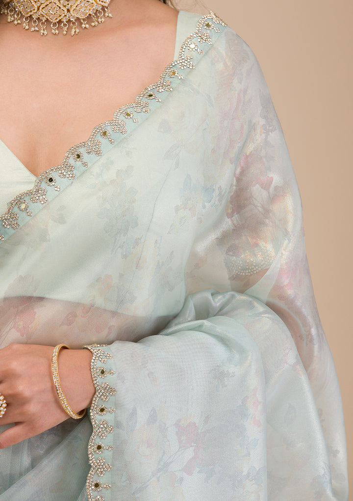 Sky Blue Stonework Tissue Saree