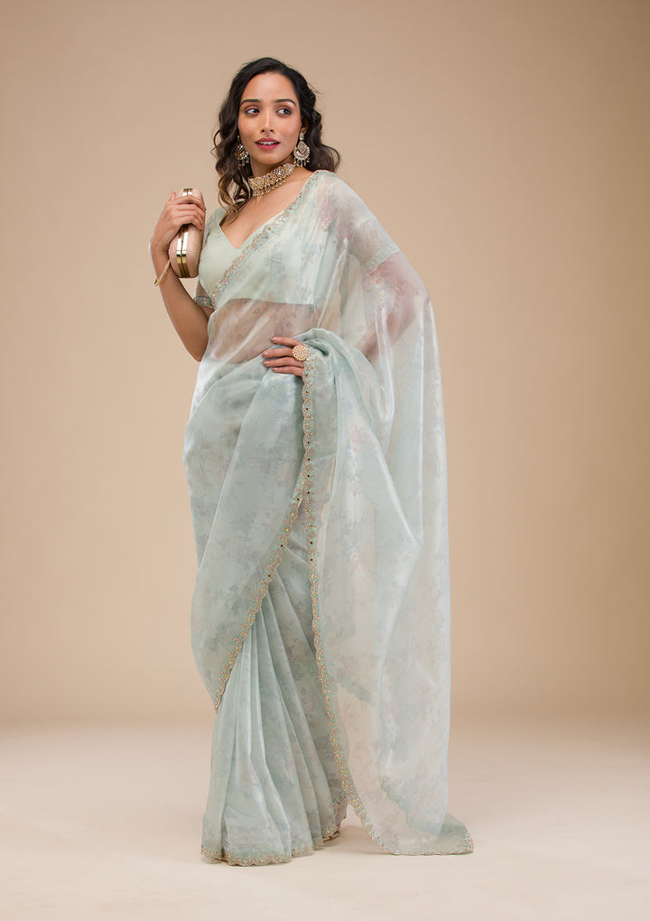 Sky Blue Stonework Tissue Saree