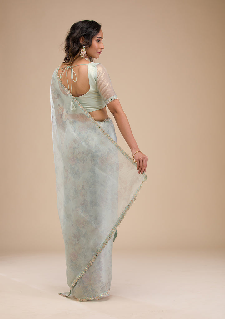 Sky Blue Stonework Tissue Saree