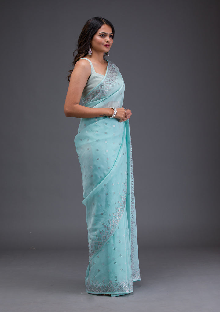 Sky Blue Swarovski Satin Saree